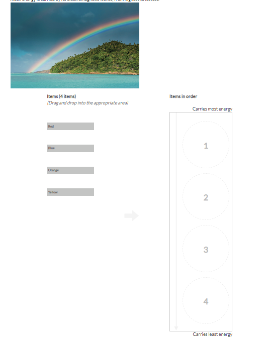 (4) The bright, colorful "stripes" of a rainbow such as the one shown here follow a particular order. Rank each color of the rainbow by how much energy is carried by its electromagnetic waves, from highest to lowest.