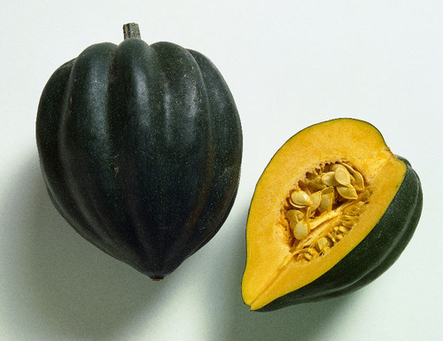 green - yellow - orange on the outside, with indented stripes around the entire squash. The inside is orange - yellow with seeds.