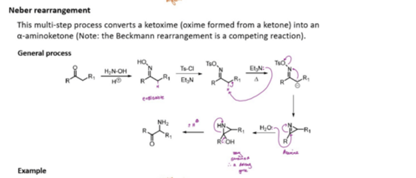 <p>convertes a ketoxime (oxime formed from a ketone) into an alpha-aminoketone</p><p>Beckmann rearrangement is a competing reaction</p><p>React a ketone with H2N-OH to get an enolisable compound</p><p>react with TsCl and Et3N to knock off the OH with TsO ( a good LG)</p><p>deprotonate alpha carbon with Et3N to form an anion</p><p>Get the electron on the negative charge to attack the N and kick out TsO, forming an azarine (cyclic)</p><p>Add H2O to break C=N, this forms a very strained ring</p><p>lp on oxygen forms C=O and breaks the C-N bond which is holding the ring together</p><p>ring is broken to form an alpha-aminoketone</p>
