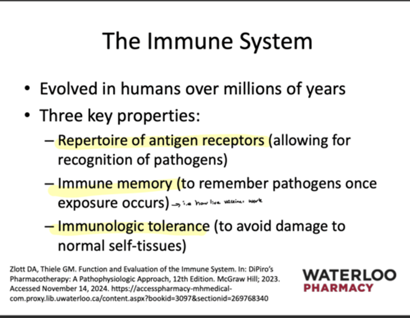 <p>-Repertoire of antigen receptors</p><p>- immune memory</p><p>-immunologic tolerance</p>