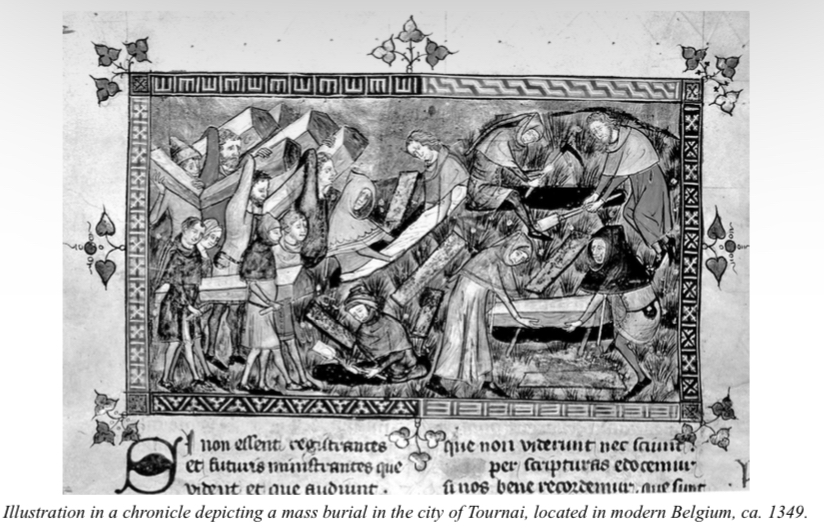 <p>The burial depicted in the image most likely resulted from the spread of which of the following? A. Influenza</p><p>B. Malaria</p><p>C. Smallpox</p><p>D. Bubonic plague</p>