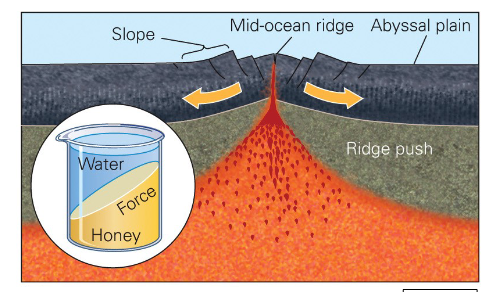 <p>Gravity pulls down the elevated MOR, causing it to push on</p><p>the lower elevated abyssal plains </p>