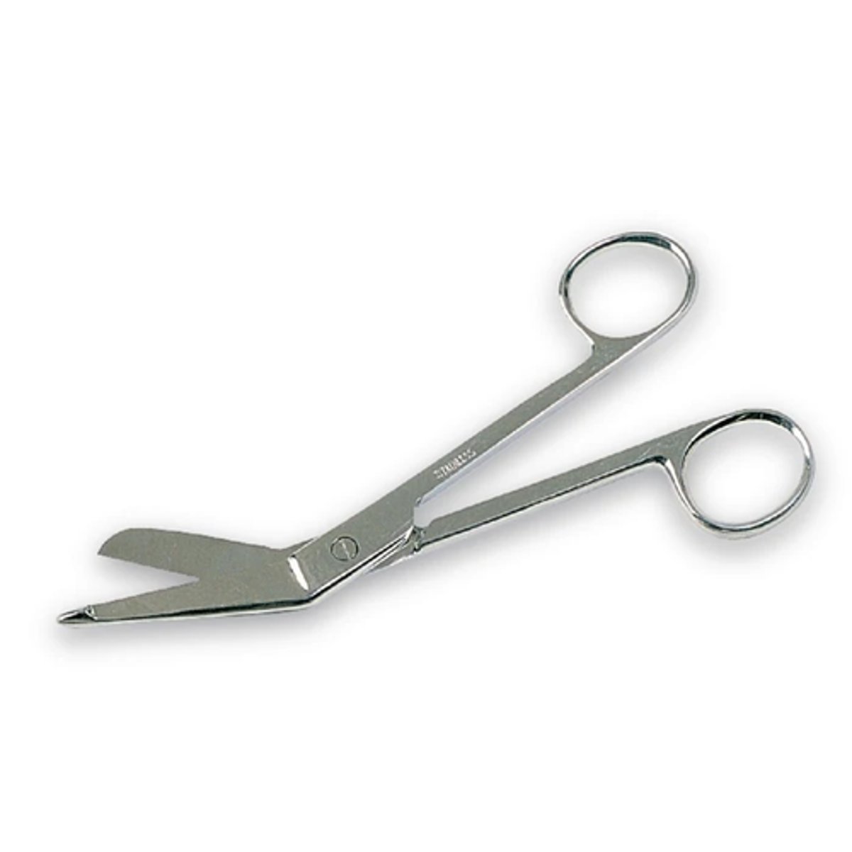 <p>used to remove dressings; blunt triangle blade designed to push skin away as the tip is slipped under material; angled to allow fingers to get under scissors</p>