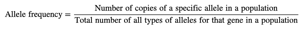the number of copies of a particular allele in a population divided by the total number of all alleles for that gene in the population
