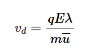 <p>drift speed = net speed = (mean distance travelled between collisions (x<sub>d</sub>) / mean free time (τ))</p><p><span>v</span><sub><span>d</span></sub><span> = </span><span><span>=⟨1/2 qE/m t²⟩ / τ</span></span></p><p>τ = λ / u and <<span><span>t²> = 2τ²</span></span></p><p><span><span>so v</span><sub><span>d</span></sub><span> = qEλ / mu</span></span></p>