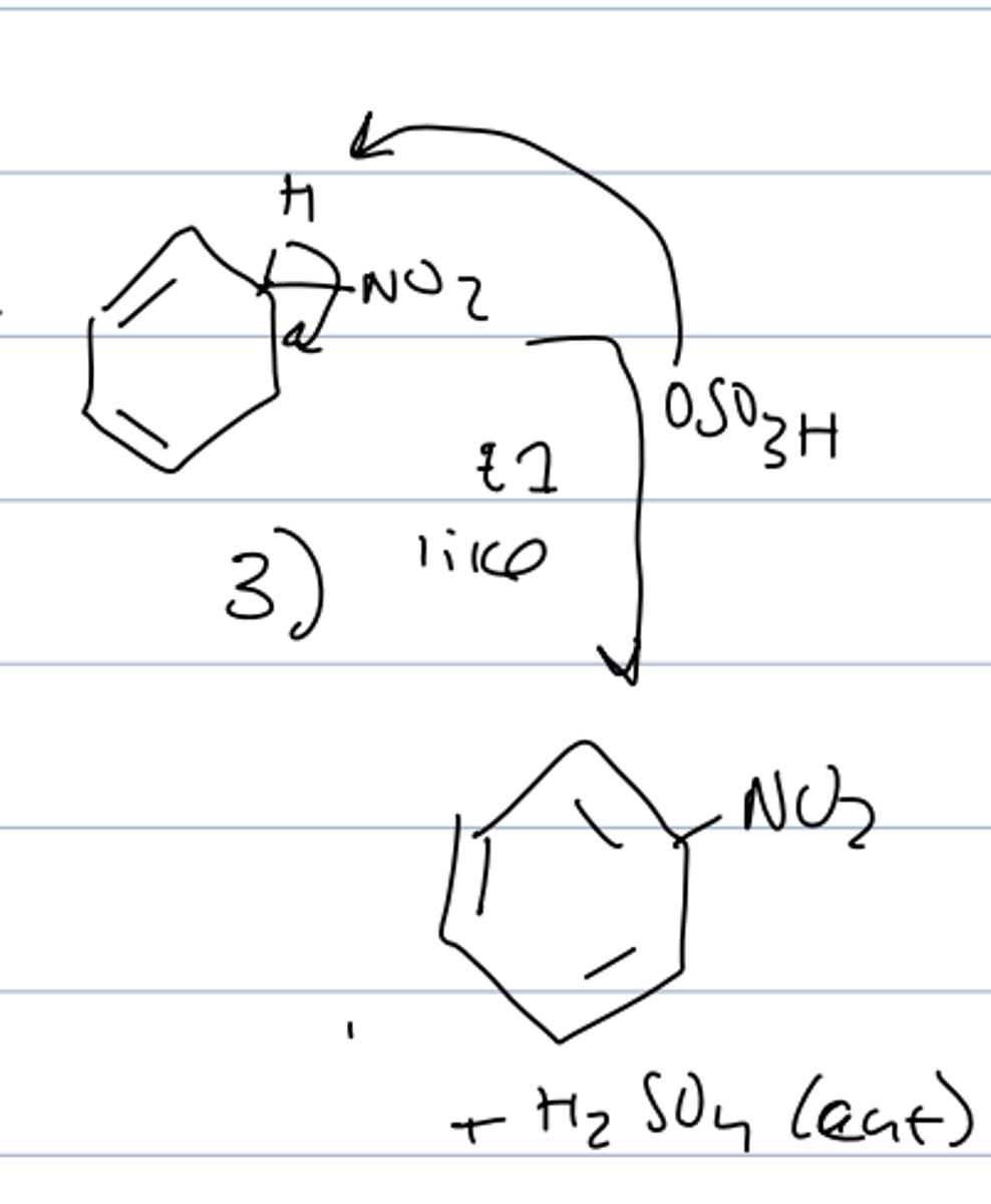<p>rearomatizaton</p><p>- E1 like process in which HSO₄ deprotonates the cation, transferring the bond to the carbocation</p><p>- completes the substitution and regenerates catalyst</p>