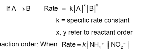 <p>Rate laws are mathematical statements that must be detrimental experimentally for every reaction</p><p>If A → B</p><ul><li><p>k = specific rate constant</p></li><li><p>x, y = refer to reactant order</p></li></ul><p>Reaction order:</p><ul><li><p>The order with respect to each reactant is 1. It is first order in NH<sub>4</sub><sup>+</sup> and NO<sub>2</sub><sup>-</sup></p></li><li><p>The reaction order is second order (1+1 = 2). Add up all of the reactants orders to get the overall reaction order.</p></li></ul><p></p>