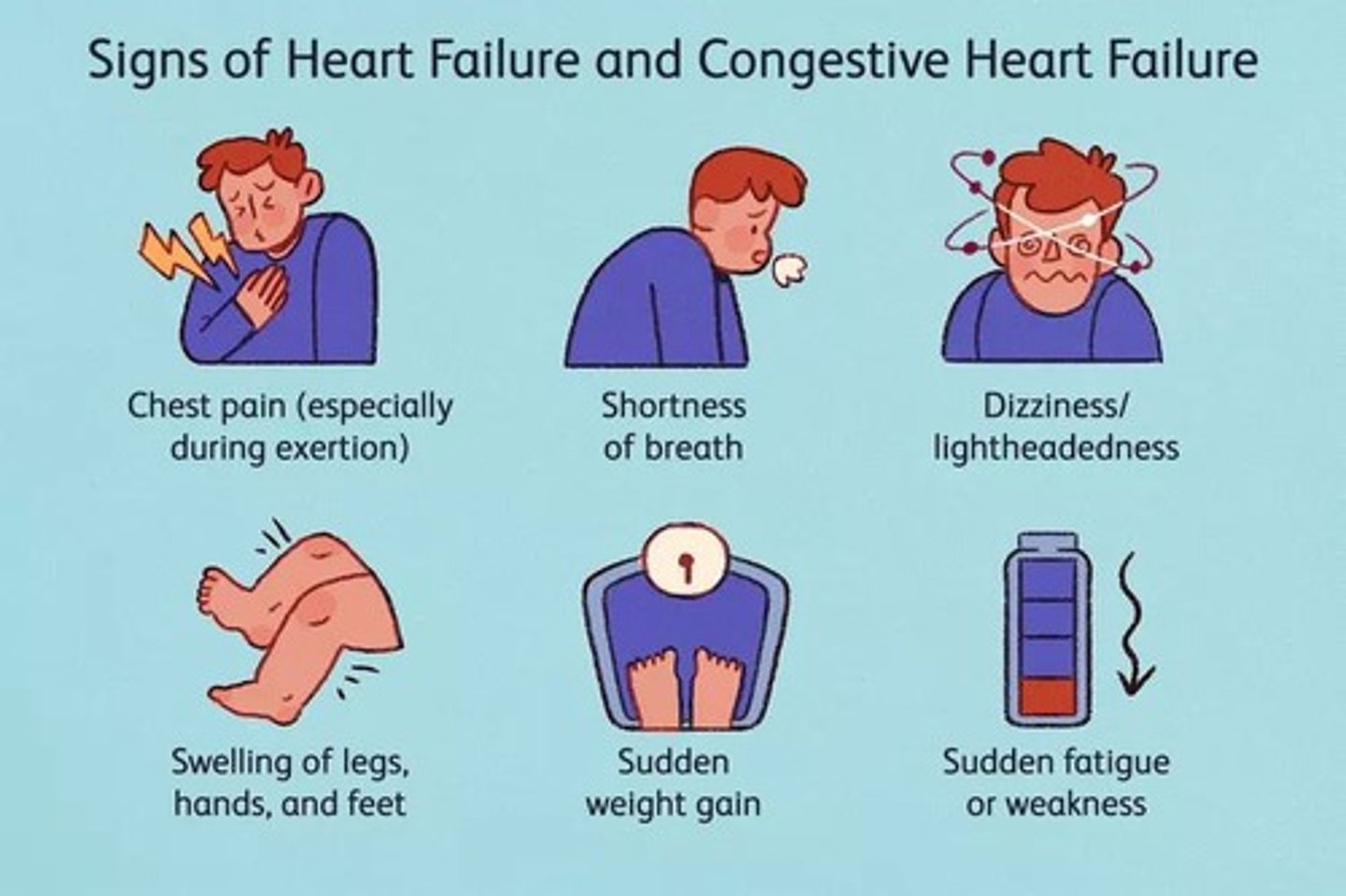 <p>Structural or functional cardiac abnormalities, elevated natriuretic peptide levels, pulmonary/systemic congestion, fluid retention, exercise intolerance, orthopnea, and paroxysmal nocturnal dyspnea.</p>