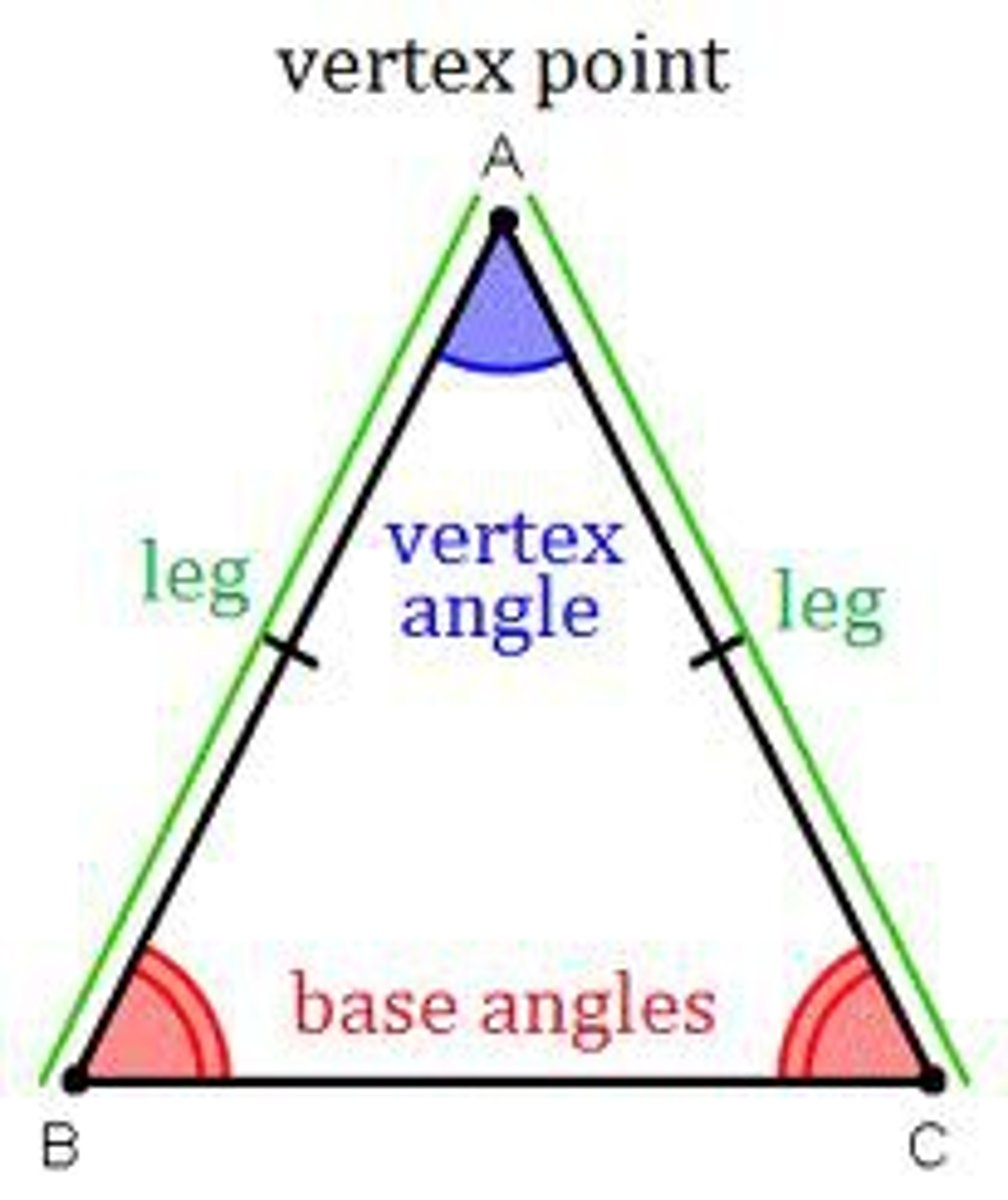 <p>1. The congruent sides.<br>2. The angle formed by the legs.<br>3. The side opposite the vertex angle.<br>4. The angles formed by the base and legs.</p>