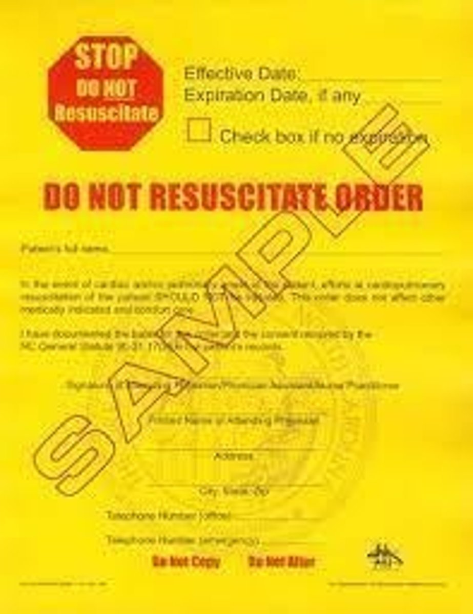 <p>Also referred to as DNR, no code blue, no code, allow natural death (AND), refer to the documentation of the decision to refrain from cardiopulmonary resuscitation (CPR) should the client's heart or breathing cease from an irreversible underlying condition.</p>