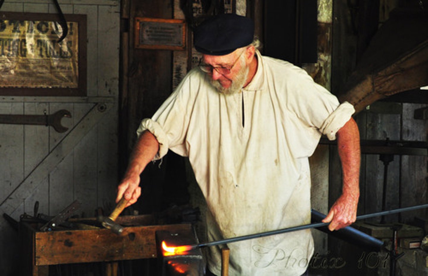<p>A person who can shoe horses create and forge tools, farm implements, wagon parts, and other iron products in fire and through a refining process.</p>