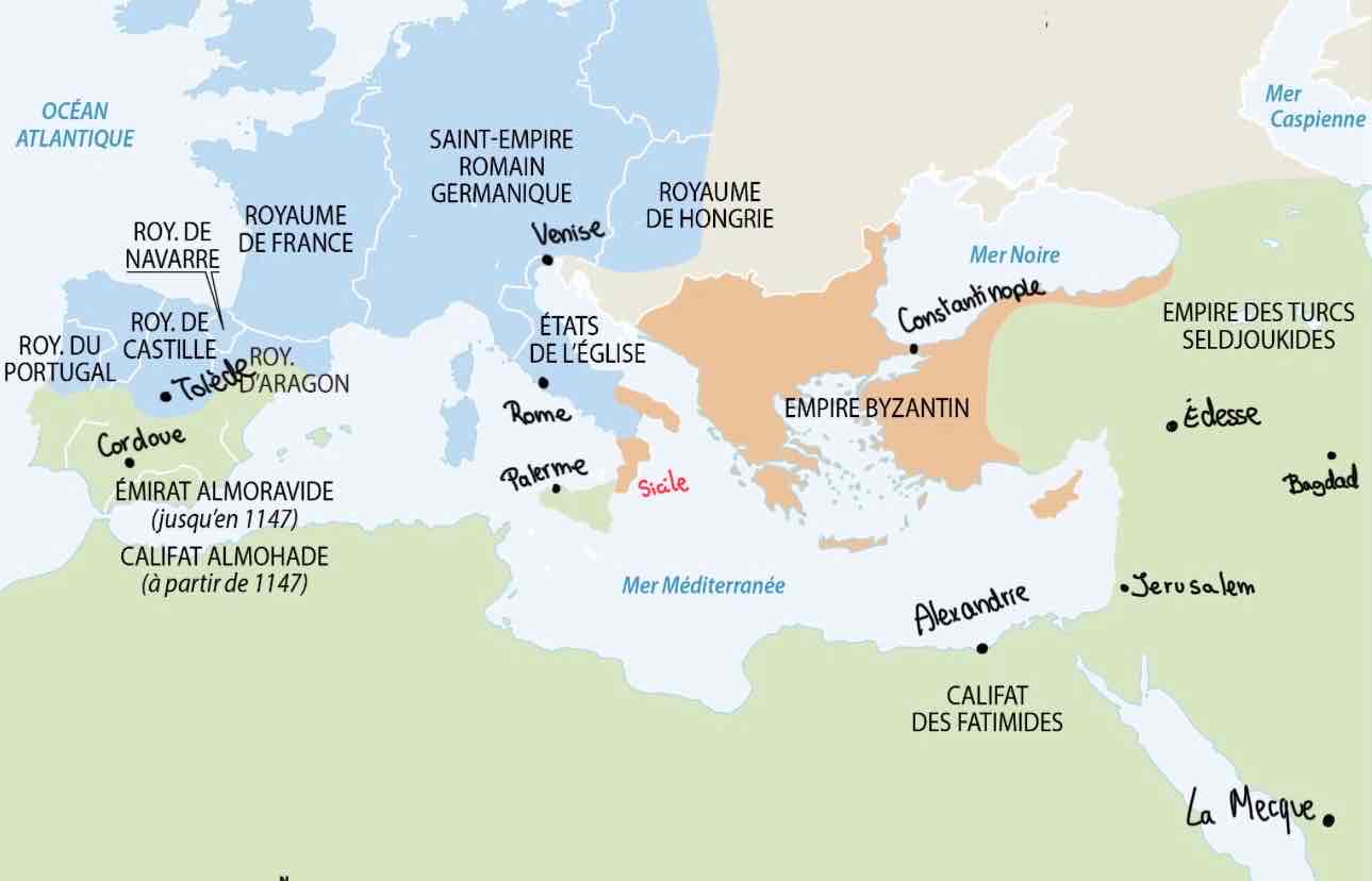 <p>L'Empire byzantin (Constantinople), l'Occident chrétien (Venise, Palerme) et le Monde musulman (Jerusalem, La Mecque).</p>