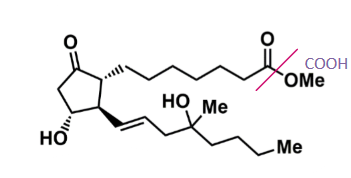 <ul><li><p><strong>prodrug </strong></p><ul><li><p>ester converts to carboxylic acid </p></li></ul></li><li><p>prostanoid derivative (PGE1 derivative) </p></li><li><p>undergoes phase II conjugation - short half-life </p></li></ul>