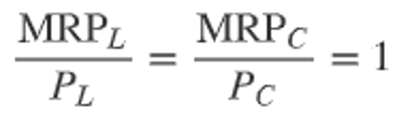 <p>Marginal Revenue Product of Labor / Price of Labor = Marginal Revenue Product of Capital / Price of Capital = 1</p>