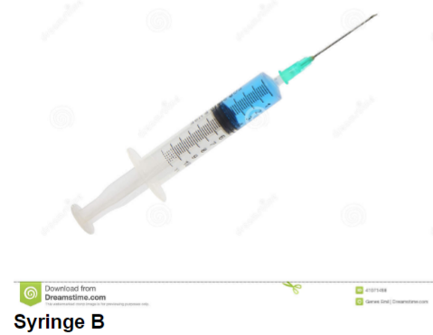 <p>What is the volume of a major gradation of syringe B?</p>