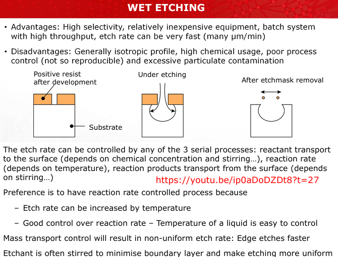 <p><strong>Advantages</strong>: High selectivity, cost-effective, batch processing, fast etch rates.</p><p><strong>Disadvantages</strong>: Generally isotropic, poor process control, high chemical usage, contamination risk. (Slide 14)</p>