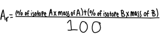 * To calculate the relative atomic mass: 
  * Multiply the % amount of each isotope by its mass 
  * Add these numbers together 
  * Divide by the total abundance (which when using % abundance, will be 100%) 
* Here it is as an equation: 