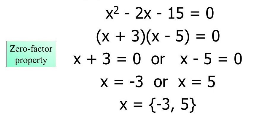 <p>1) Write the equation in standard form, with the right member zero.</p><p>2) Factor the left member of the equation.</p><p>3) Set each factor equal to zero.</p><p>4) Solve the resulting first-degree equations.</p><p>5) Check if the answers are correct by substituting them to the variable in the original equation.</p>