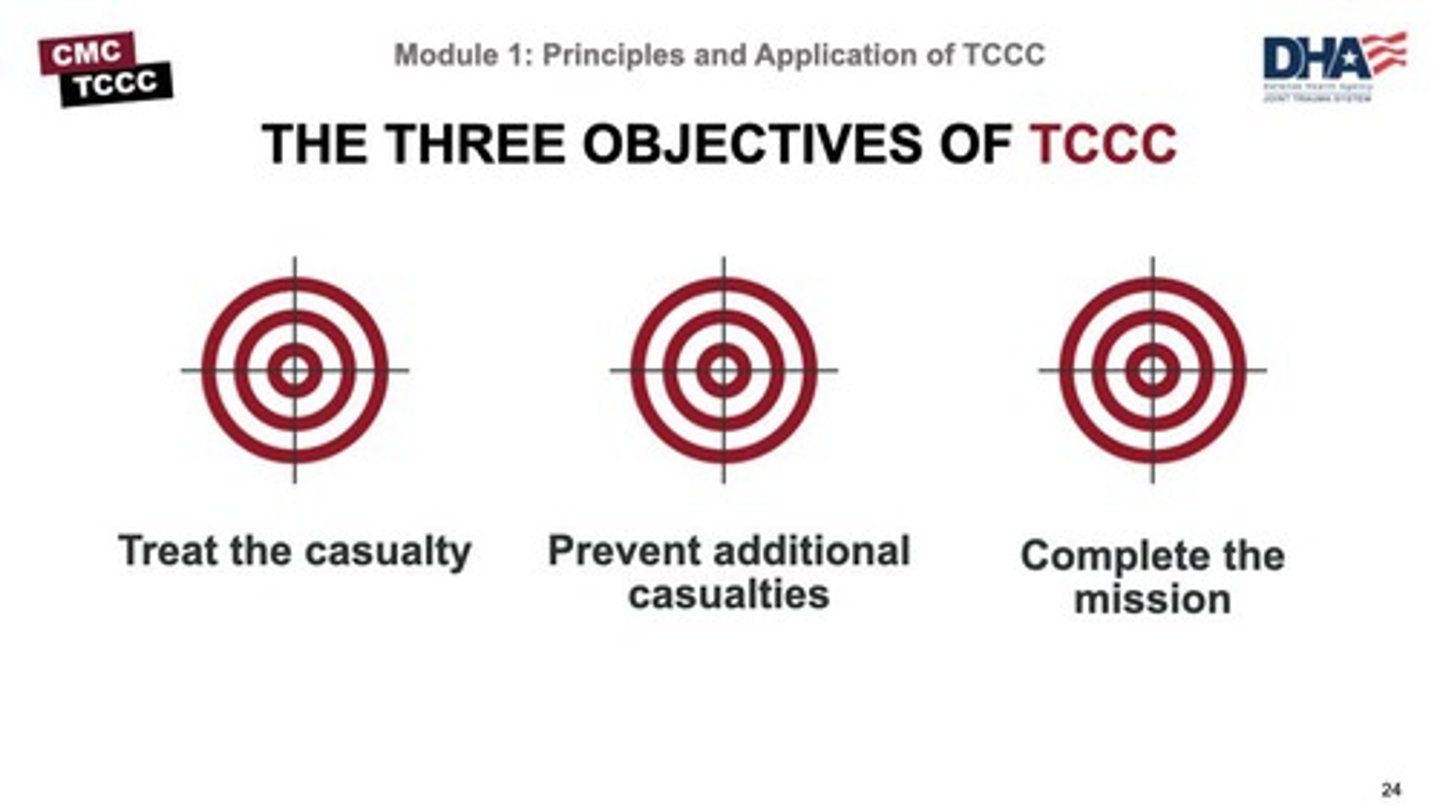 <p>1. Treat the Casualty, 2. Prevent Additional Casualties, 3. Complete the Mission.</p>