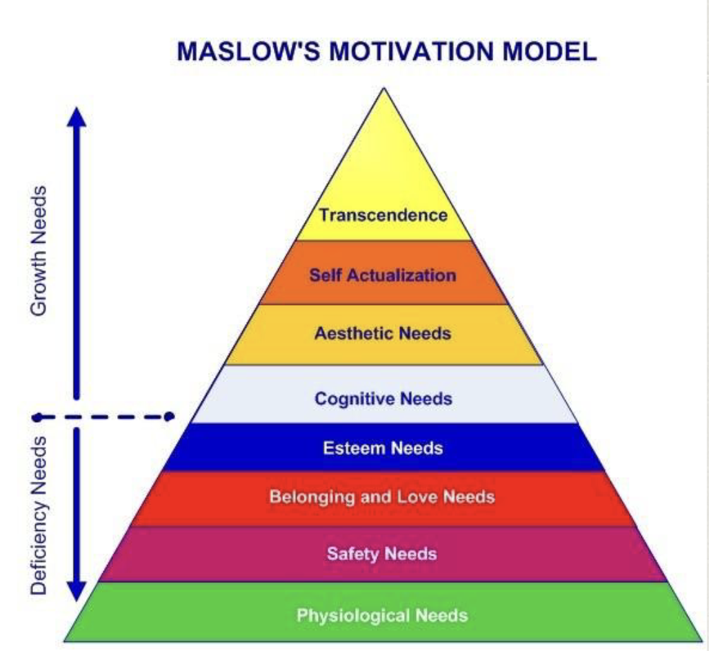 <p>Maslow created a new model that was split into deficiency needs and growth needs. Deficiency needs being goals that, once attained, we don’t feel the need to have more of (ie. got food, now full, no need more food). Whereas, growth needs being goals that we always want to improve on (ie. learned about psych topic you like, desire to learn more and more).</p><p></p><p>He also extended the 5th stage (self-actualisation) and added 4 more sections:</p><ol><li><p>cognitive needs (our desire to learn more)</p></li><li><p>aesthetic needs (things that are pleasing to the eye)</p></li><li><p>self-actualisation (<span>the realisation of one's full potential and the desire to become everything one is capable of being)</span></p></li><li><p>transcendence (understanding that there is something beyond you)</p></li></ol><p></p>