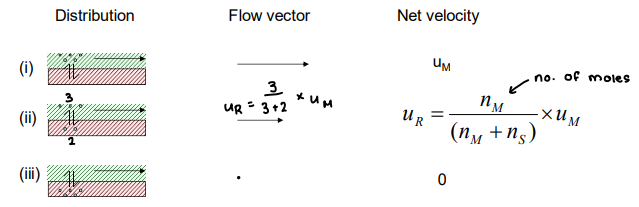 <p>The speed of movement through the column, it depends on the distribution of the analyte between the mobile and stationary phase.</p><ul><li><p>If more analyte is in the mobile phase, net velocity is higher.</p></li></ul><p></p>