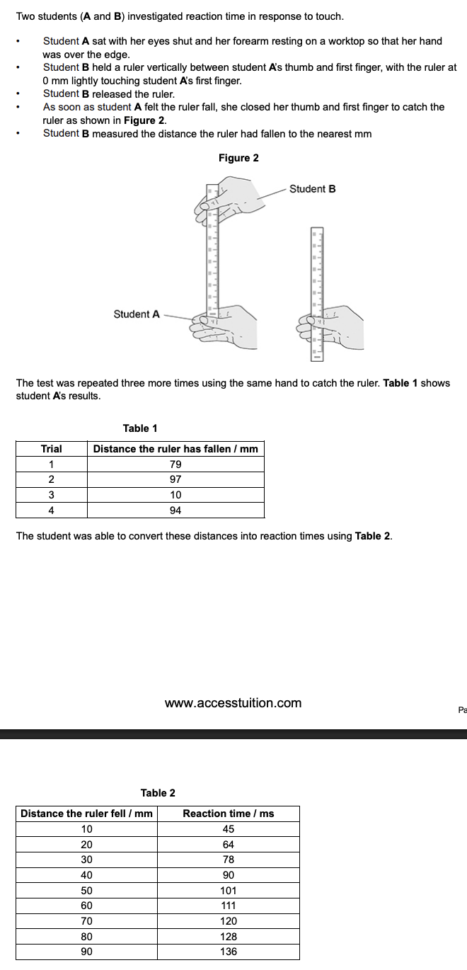<p>in this investigation, it is not possible for a student to react in less than 45 ms - suggest one explanation for the value recorded in Trial 3 in Table 1 (1)</p>