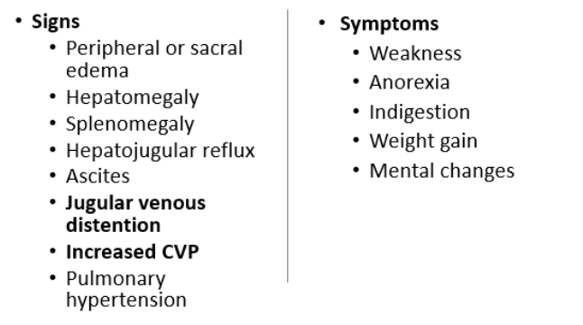 \
* Think fluid overload
  * **JVD**
  * **High CVP**
  * Edema
  * Hepatomegaly
  * GI symptoms → feeling of fullness, decreased PO intake
* see attachment for clinical manifestations