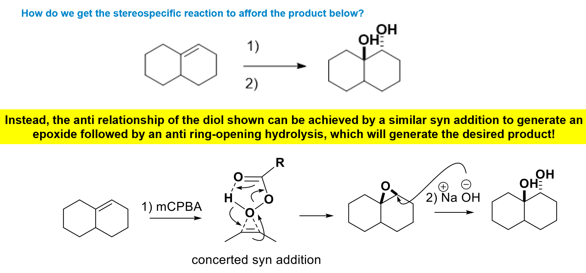 <p>We form an epoxide using a peracid and then use anti- attack of a nucleophile to generate an anti- diol.</p>