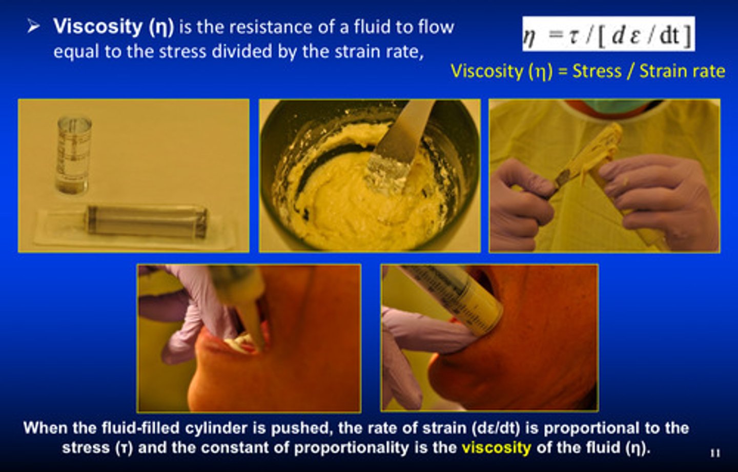 <p>the resistance of a fluid to flow equal to the stress divided by the strain rate (viscosity = stress / strain rate)</p>