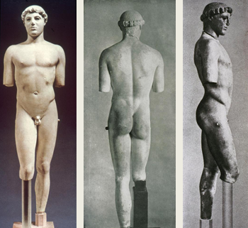<p>Kritos Boy, Acropolis, Athens, 480 BC (Early Classical style)</p><ul><li><p>Harks back to Kouros</p></li><li><p>Moment of change from Archaic to Early Classical —&gt; the flesh covers an organic structure of bone and muscle</p></li><li><p>First statue from classical antiquity known to use </p><ul><li><p>Right leg (forward) bends at the knee so that the left leg appears to hold the body’s weight. Torso shifts so that the right hip and shoulder are lowered</p></li><li><p>—&gt; contrast between rigid and relaxed elements allow the viewer to feel the inner workings of the human body</p></li></ul></li></ul><p></p>