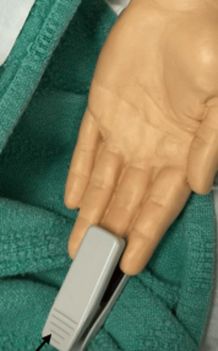 <p>Measures oxygen saturation in blood</p><p>Less than 90 is low</p>