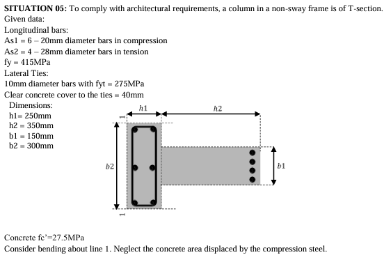 <p>13) If the T-section is reinforced such that the plastic centroid of the section falls at 280mm from the line 1 along the x-axis, determine the bending moment Mu, induced by a factored load Pu = 3200KN acting along x-axis at 400mm from line 1. </p><p>a) 384KN-m </p><p>b) 352KN-m </p><p>c) 346KN-m </p><p>d) 484KN-m</p>