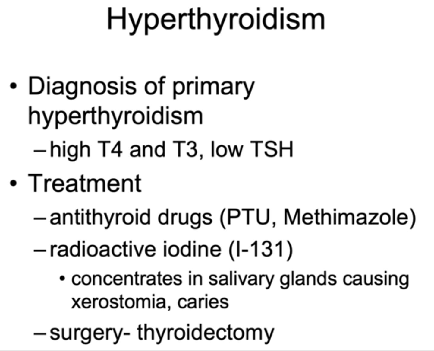 <p>- High T4 and T3</p><p>- Low TSH</p>