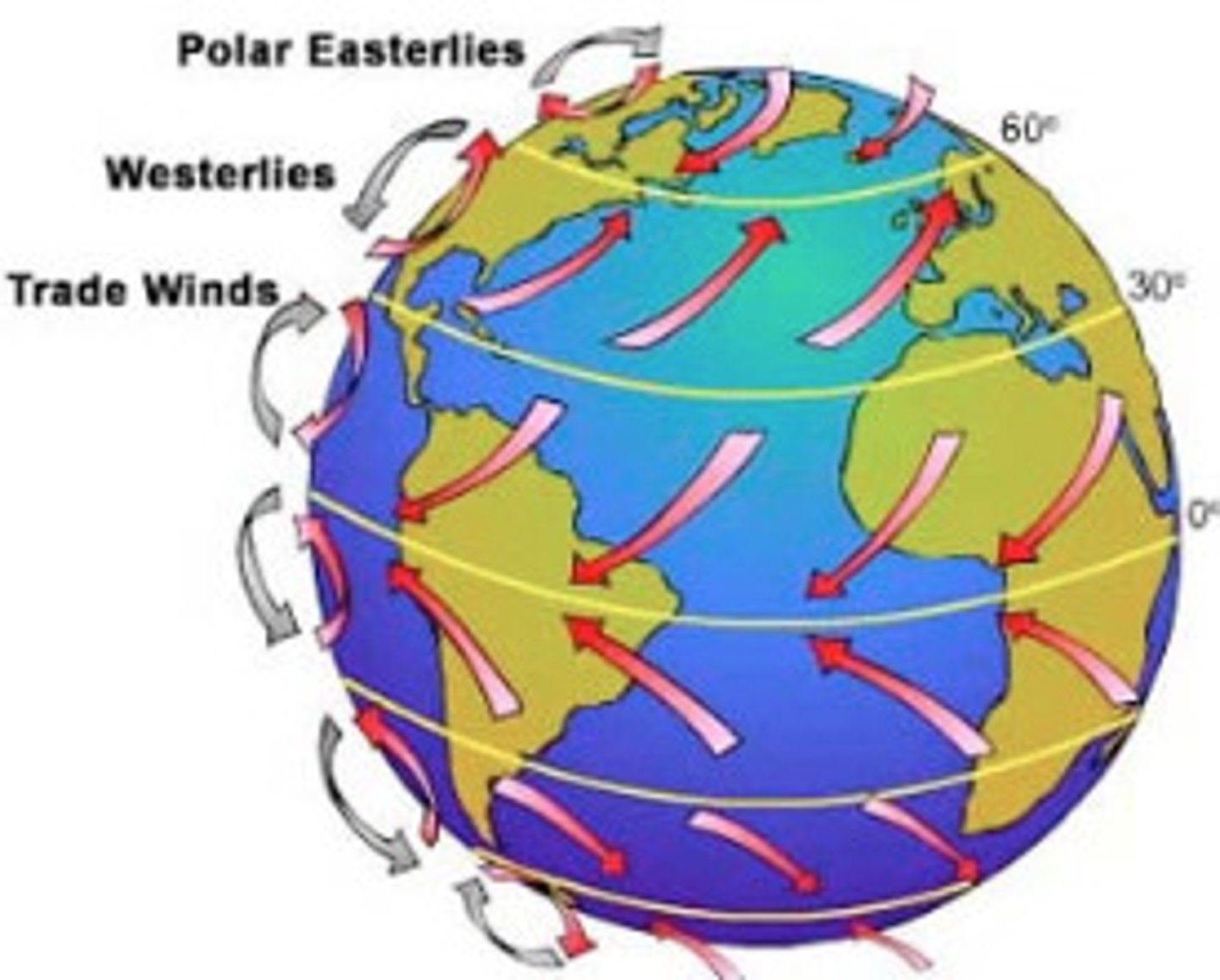 <p>Patterns of air circulation produced by the combination of pressure belts and the Coriolis effect.</p>