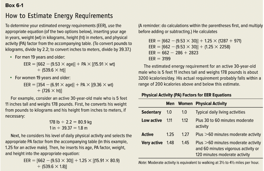 <p><span>Energy needs vary among individuals depending on such factors as sex, growth, age, physical activity, and body composition</span></p>