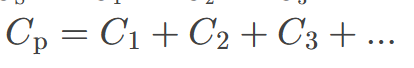 <p>is the sum of the capacitances of capacitors connected in parallel, calculated using the formula C<em>total = C</em>1 + C<em>2 + … + C</em>n, where C represents the capacitance of each capacitor. </p>