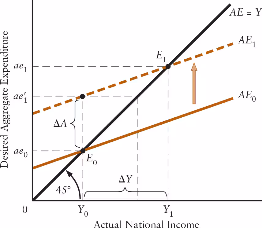 <p>An <strong>increase in autonomous aggregate expenditure </strong>______ <strong>equilibrium national income </strong>by a <strong>multiple </strong>of the <strong>initial increase</strong>. </p>