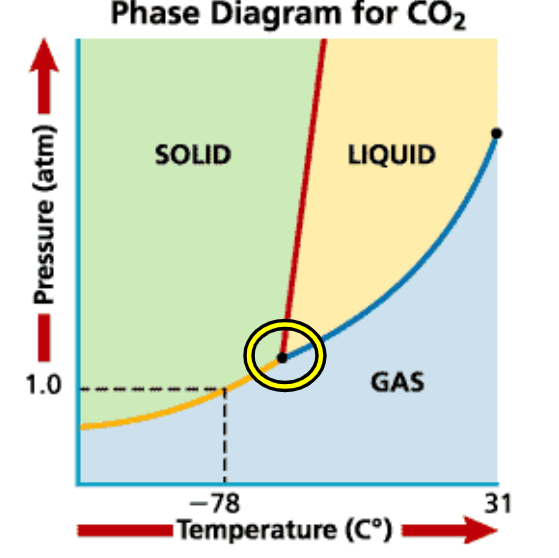 <ul><li><p><span>Point on the phase diagram where solids, liquids and gasses <strong><u>all exist</u></strong> at the <strong><u>same time</u></strong>.</span></p></li></ul><p></p>