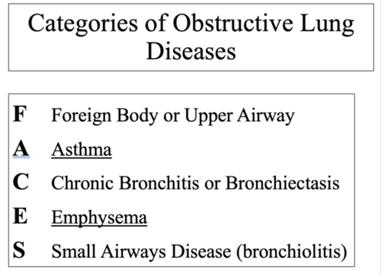 <p>- Foreign body</p><p>- Asthma</p><p>- Chronic bronchitis</p><p>- Emphysema</p><p>- Small airways disease</p>