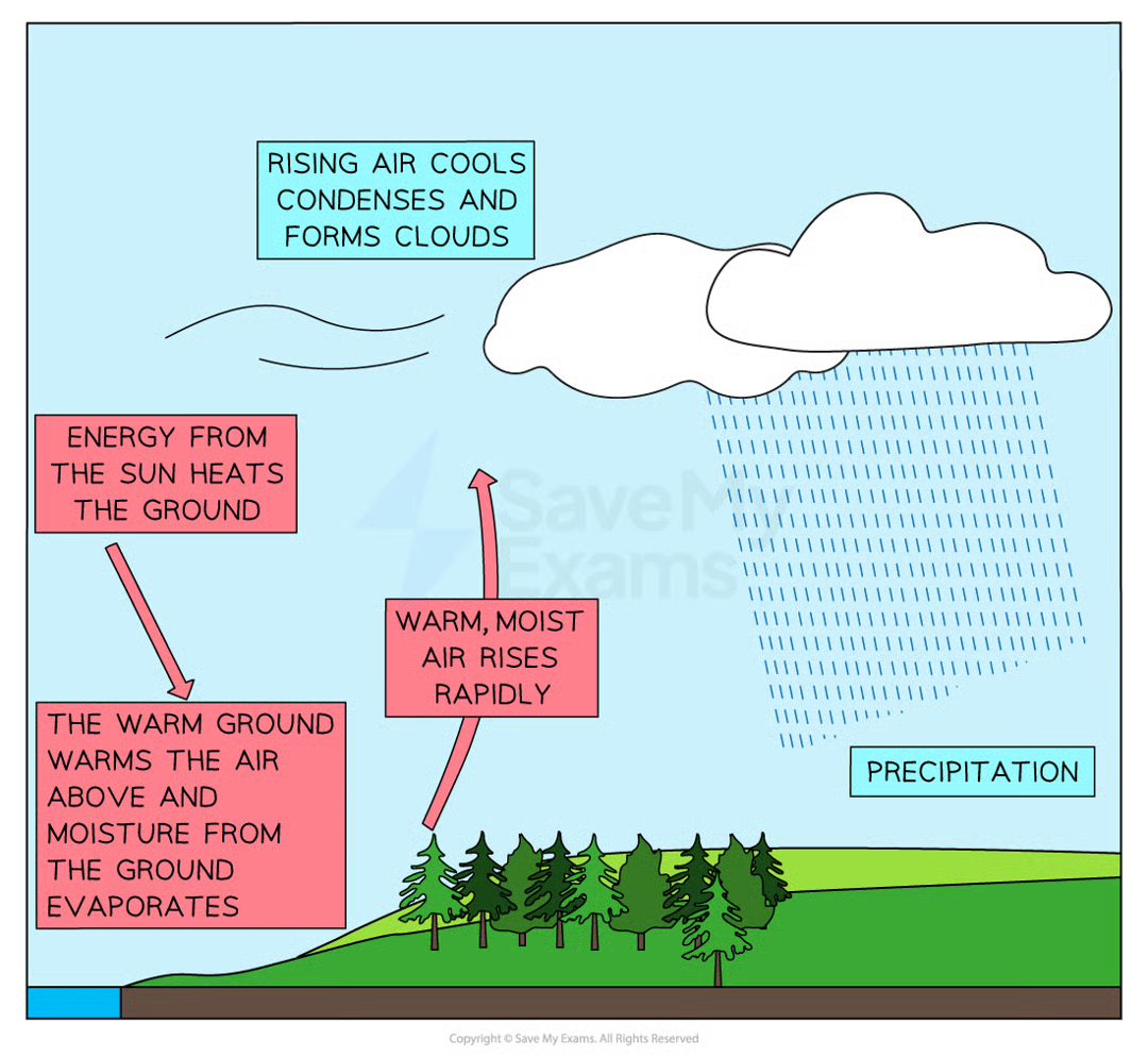<p>occurs when the ground heats the air above it. happens in the summer, particularly during heatwaves</p><p>the sun heats the ground which releases heat, warming the air above. warm air rises rapidly then cools &amp; condenses to form clouds which can produce heavy rainfall &amp; thunderstorms</p>