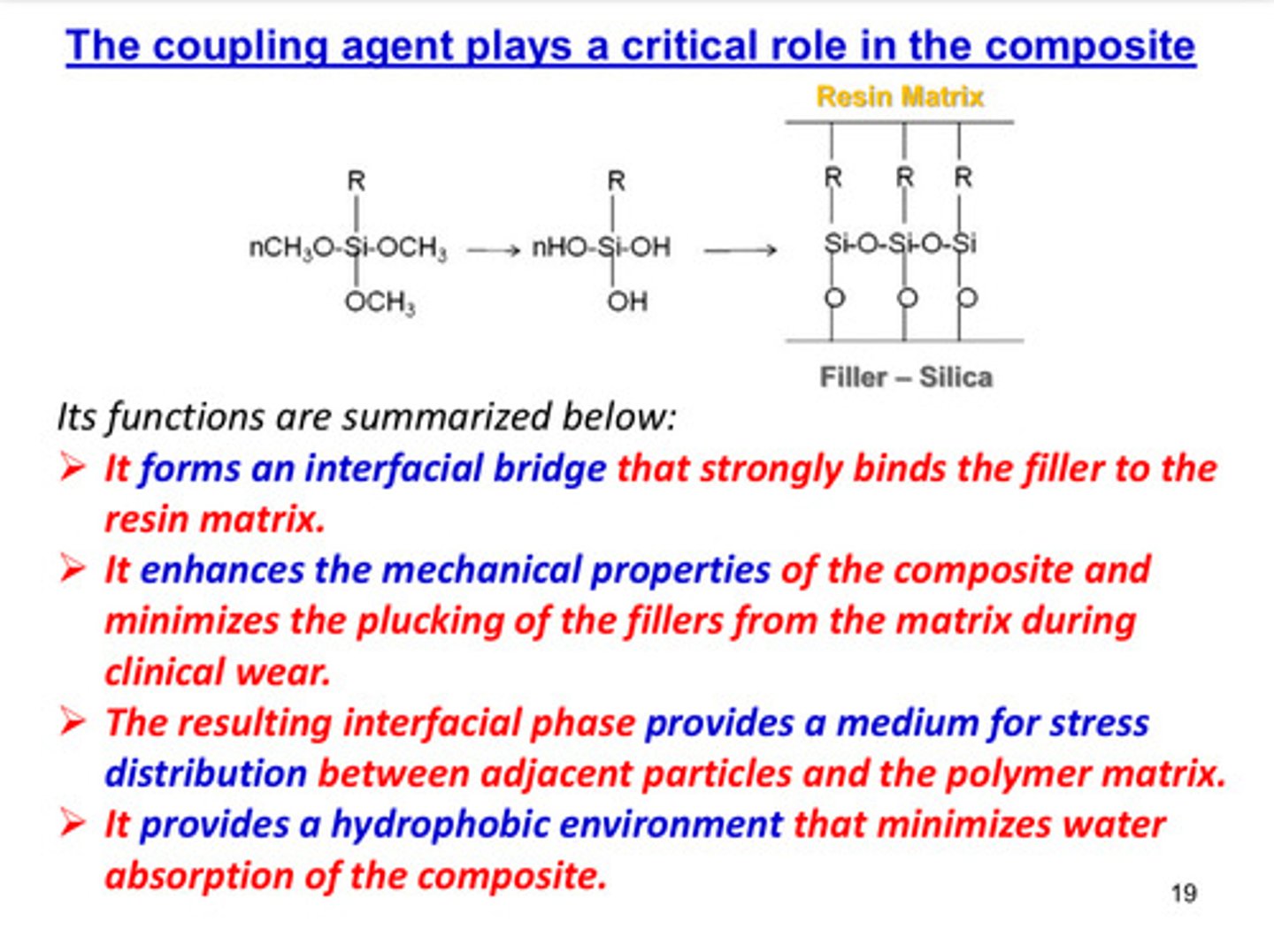 <p>1) it forms an interfacial bridge that strongly binds the filler to the resin matrix</p><p>2) it enhances the mechanical properties of the composite and minimizes the plucking of the fillers from the matrix during clinical wear</p><p>3) the resulting interfacial phase provides a medium for stress distribution between adjacent particles and the polymer matrix</p><p>4) it provides a hydrophobic environment that minimizes water absorption of the composite</p>