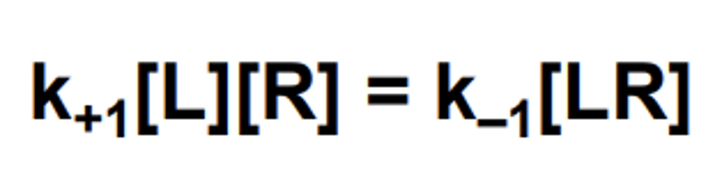 <p>(k+1[L][R]) = formation of ligand-receptor complex [LR]</p><p>(k-1[LR]) = dissociation of LR into L and R</p><p>at equilibrium the formation of the ligand-receptor complex is equal to the dissociation of LR into L and R</p>