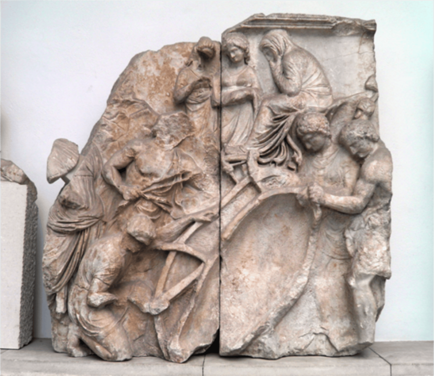 <p>- Built on the acropolis of Pergamon, thought to have been designed by sculptors from Rhodes</p><p>- ca. 180-160 BCE</p><p>- Depicts a Gigantomachy on the exterior, local hero myth on the interior</p><p>- Key example of baroque style typical of Hellenistic sculpture (very expressive faces and bodies, dynamic postures, lots of drilling to create light and shadow)</p>