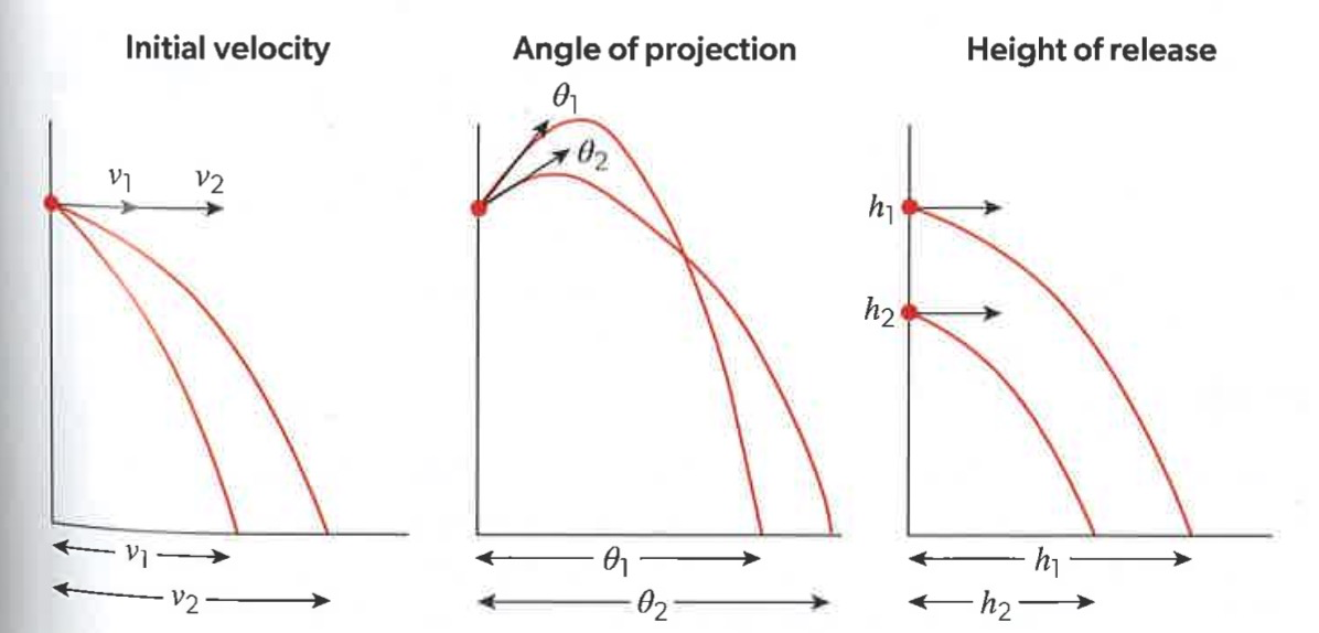<ul><li><p>speed</p></li><li><p>angle at release</p></li><li><p>height at release</p></li><li><p>air resistance</p></li></ul><p></p>