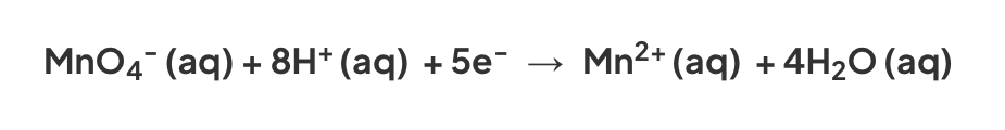 <ul><li><p>In the burette- deep purple potassium manganate, MnO<sub>4</sub><sup>- </sup></p></li><li><p>In the conical flask- colourless solution + <strong>sulfuric acid</strong> (to provide H+ ions for the reduction of MnO<sub>4</sub><sup>-</sup>)</p></li></ul><p></p><p>During the titration, the <strong>purple MnO<sub>4</sub><sup>- </sup>ions in the burette</strong> are reduced to <strong>pink Mn<sup>2+</sup> ions in the flask</strong>, so the mixture in the conical flask will turn from <strong>colourless to pink</strong></p><p></p>