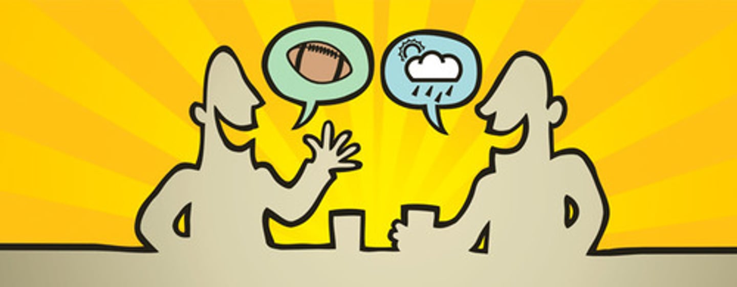 <p>make polite and often slightly humorous remarks, usually made to help other people feel relaxed</p><p>ex: The officials shook hands and .... about the weather before getting down to business.</p>