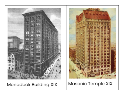 <p><span style="background-color: transparent;"><span>Burnham proyecta el conjunto según cánones académicos. La exposición obtiene un gran éxito y a partir de ese momento el gusto de los contratistas y el público comienza a orientarse hacia el clasicismo. Monadook Building (con sus muros exteriores portantes de ladrillo. Los paramentos son lisos, desprovistos de todo adorno) - Masonic Temple.</span></span></p>