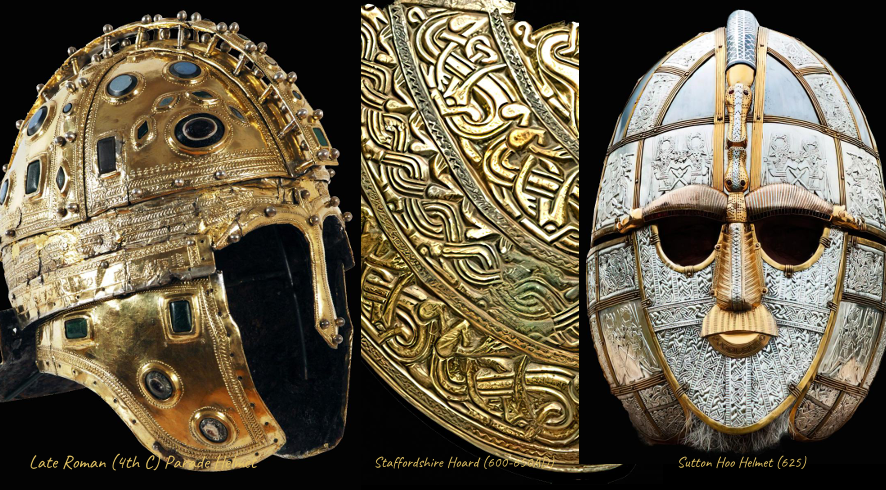 <ul><li><p>Change in design/decoration of helmet</p></li><li><p>Roman: more simple</p></li><li><p>Germanic: more refined and intricate, figural patterns</p></li></ul><p></p>