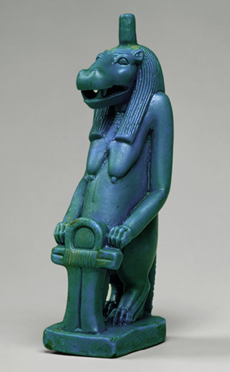 <p>-Taweret is an ancient Egyptian goddess associated with childbirth, fertility, and protection, often depicted as a hippopotamus standing upright on her hind legs, with the limbs and mane of a lion, and the tail of a crocodile.</p><p>-She was believed to protect women during childbirth and ensure the safety of mothers and newborn babies, warding off evil spirits and malevolent forces.</p><p>-Taweret was also worshipped as a household deity, guarding against illness, accidents, and other dangers, and ensuring the well-being of families and households.</p><p>Despite her fearsome appearance, Taweret was revered as a benevolent and nurturing goddess, embodying the protective and nurturing aspects of motherhood.</p>