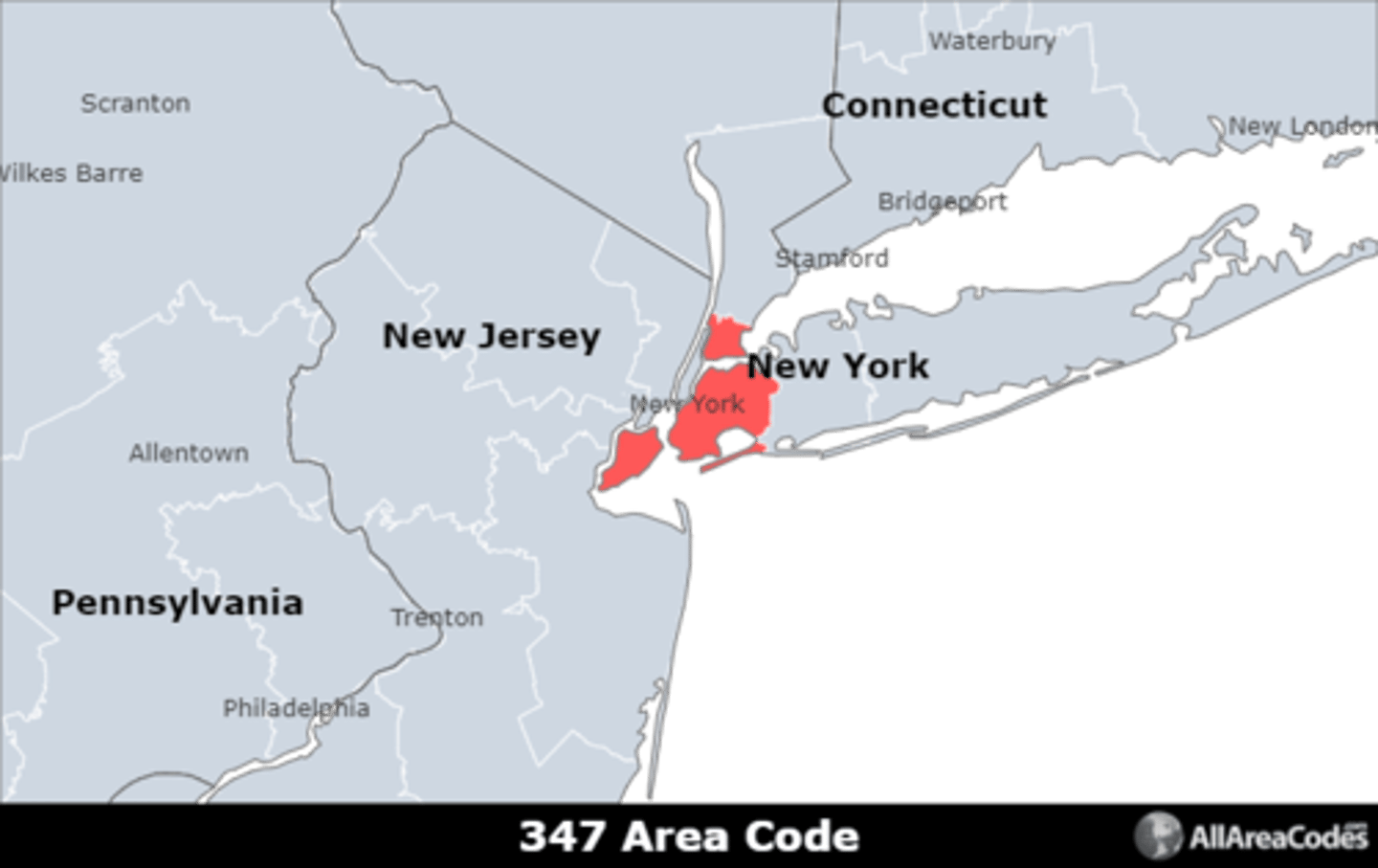 <p>Area code 347 serves New York City, NY excluding Manhattan. It is an overlay for area code 718 and serves the same area.</p>